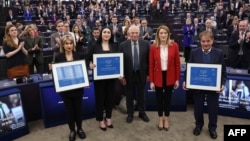 Mahsa Amini's representative, Iranian lawyer Saleh Nikbakht; European Parliament President Roberta Metsola; EU foreign policy chief Josep Borrell; Afsoon Najafi; and Mersedeh Shahinkar from the "Women, Life, Freedom" movement in Iran pose during the 2023 European Parliament's Sakharov Prize award ceremony at the European Parliament in Strasbourg, France, on December 12.