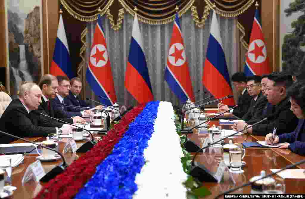 Putin and Kim attend a meeting in Pyongyang.  Russian foreign policy adviser Yury Ushakov said that signings during the visit could include an agreement on a comprehensive strategic partnership. North Korea is one of just a few countries in the world that has openly supported Russia's full-scale invasion of Ukraine and recognizes Moscow's illegal annexation of Crimea from Ukraine in 2014.  