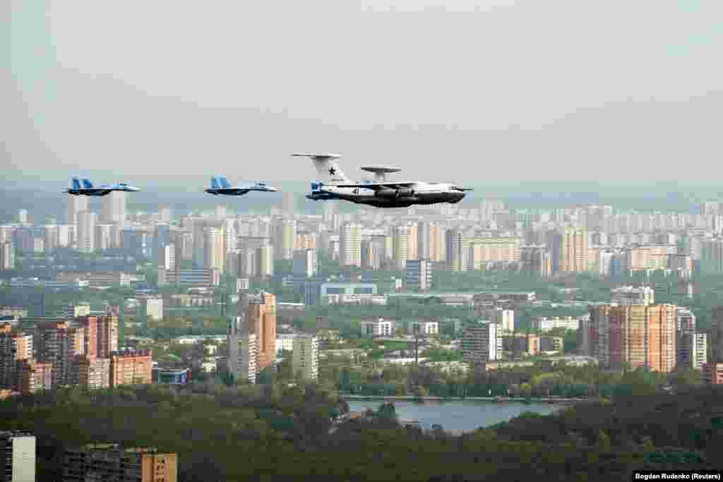 An A-50 flying in formation with fighter jets over Moscow in 2010.  The surveillance jet's powerful radiation can be detected by enemy forces but due to its mobility and “over the horizon” radar range, the A-50 is vastly more difficult to target than ground-based radar systems.   