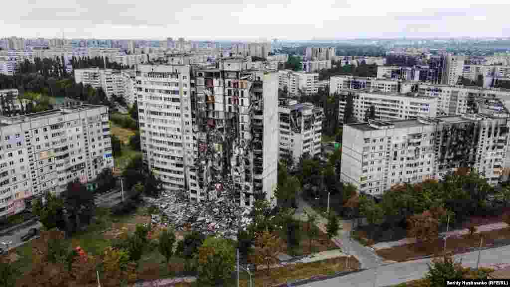 Damaged apartment blocks in Saltivka, a suburb of Kharkiv, seen on September 13, 2022. 