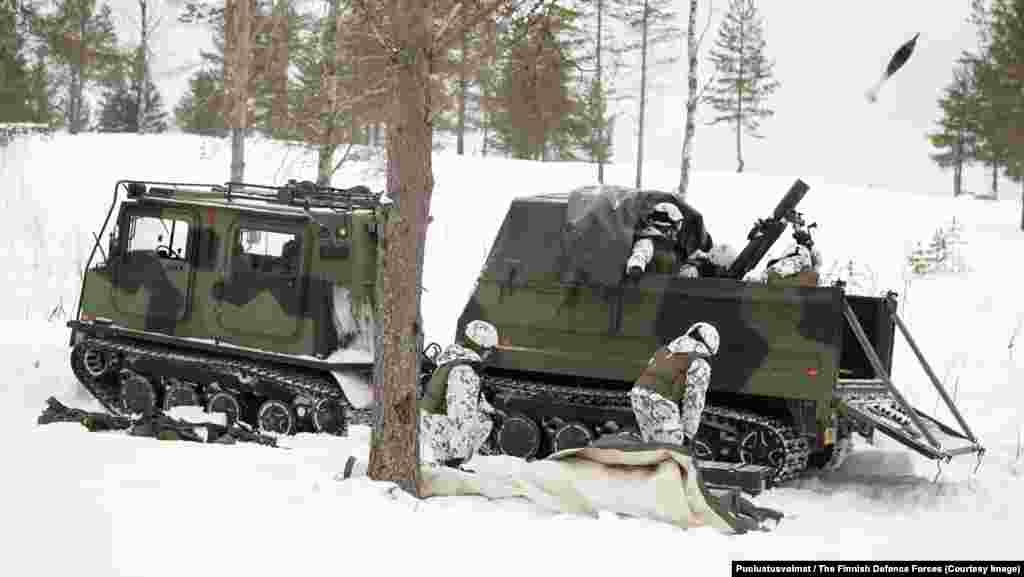 120 KHR TEKA Articulated Tracked Mortar Carrier The heavy mortar mounted inside a trailer for the Finnish-made “piglet” tracked vehicle allows a firing crew to lob a dozen mortar rounds in a minute, then escape into the wilderness before an adversary's battery radars can pinpoint their location.  