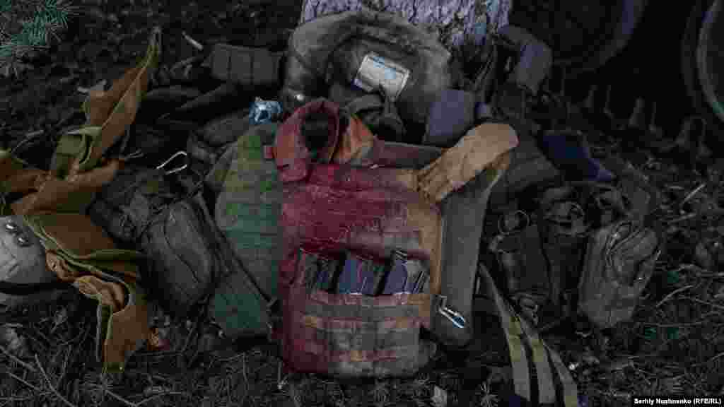 A Ukrainian soldier's bloodied body armor photographed near Soledar, in the Donetsk Region on January 23, 2023. 