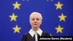 Юлия Навальная во время выступления в Европейском парламенте в Страсбурге, Франция, 28 февраля 2024 года.