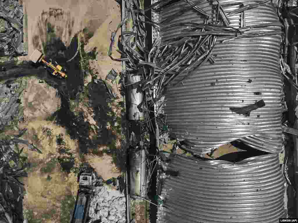 An aerial view of the destroyed storage structure. Ukrainian President Volodymyr Zelenskiy said the Russian strikes had "deliberately" targeted sites in the Odesa region that are used to export grain.  