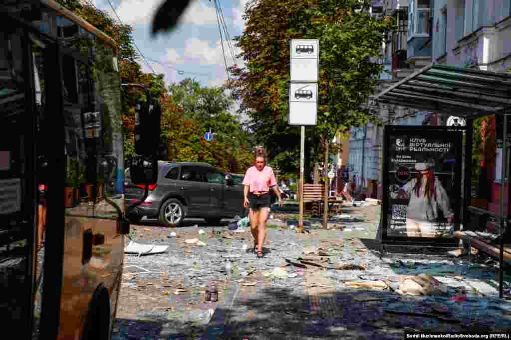 The aftermath of a missile strike on the center of Chernihiv on August 19, 2023.  