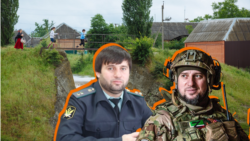 Абдул Алаудинов (слева) и Апти Алаудинов (справа) на фоне чеченского села Гойты. Коллаж сайта Кавказ.Реалии