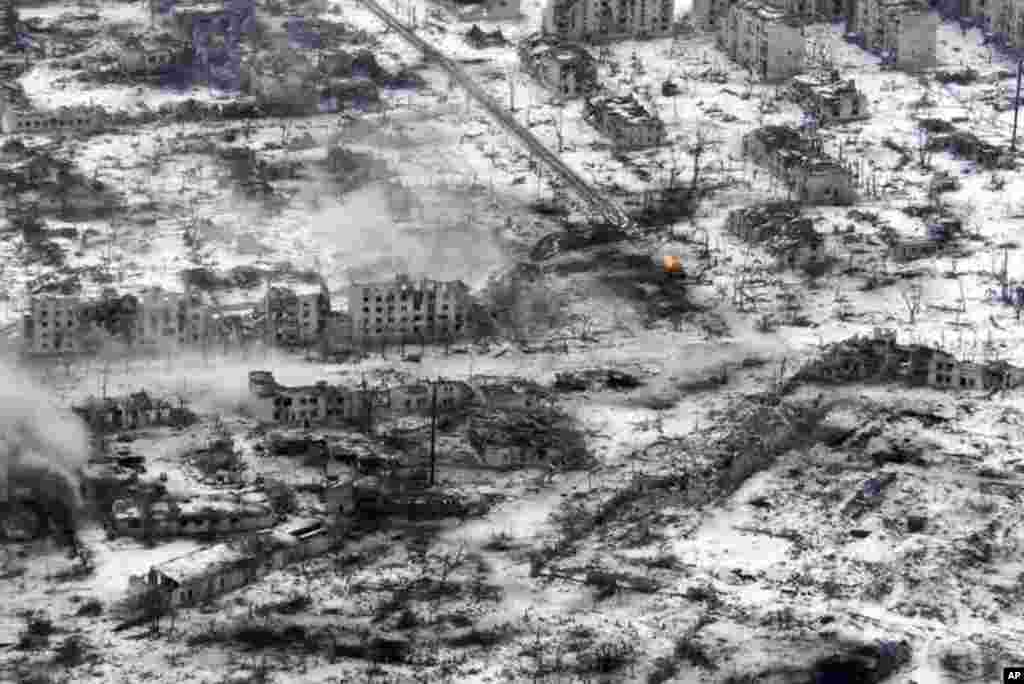 Drone footage captures the devastation in Maryinka in Ukraine's eastern Donetsk Province on February 19. The territory is split between Russian and Ukrainian control. The front line runs through what is left of the town, which is very little. 