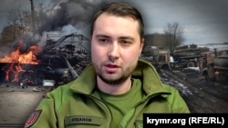 Кирило Буданов на тлі розбитої техніки ворога. Колаж