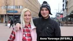 Viktoria Kuznetsova and Denys Fedotov in the Finnish town of Joensuu, which they got to after a harrowing journey from Ukraine via Russia.