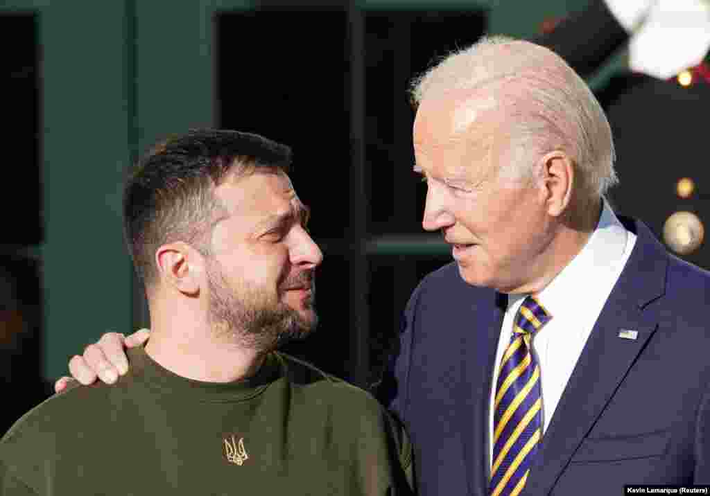 Biden (right) welcomes Zelenskiy at the White House on December 21.  Zelenskiy’s trip to the United States comes as the U.S. Congress prepares to vote on a sweeping spending bill that includes a provision to allocate an estimated $45 billion in additional military aid to Ukraine.