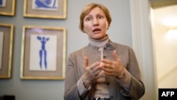 Marina Litvinenko talks to members of the media during the press launch of an opera on her late husband's life in London in February 2020.