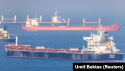 The Despina V cargo ship carrying Ukrainian grain is seen in the Black Sea off Kilyos near Istanbul, Turkey, on November 2.