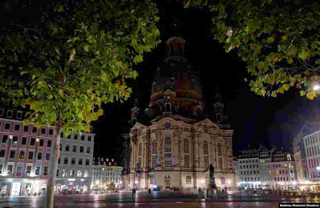 The darkened Frauenkirche in Dresden seen on August 22.  Some have expressed fears of mass unrest in Germany as winter approaches and energy continues to be restricted and more expensive. Chancellor Olaf Scholz recently described soaring energy costs as a "powder keg for society." 