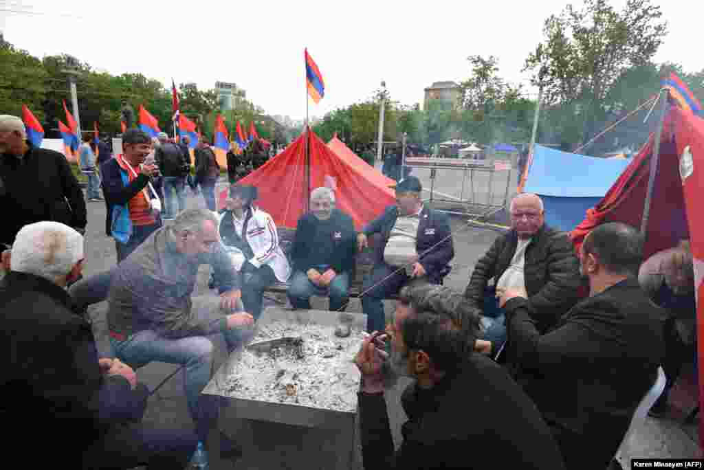 Demonstrators encamped in central Yerevan on May 3. Pashinian has also come under fire recently for the death of a pregnant woman who was killed after being struck by a car in his motorcade in April. 