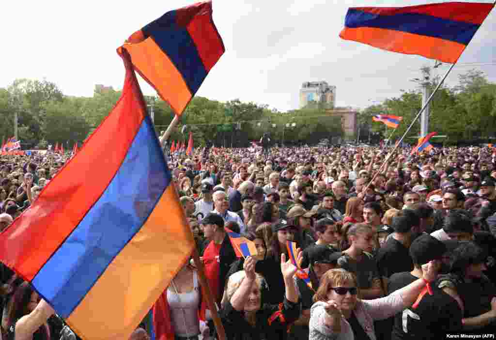 Thousands of protesters gather in central Yerevan on May 1, when a massive demonstration warned the government not to concede further territory to Baku. 