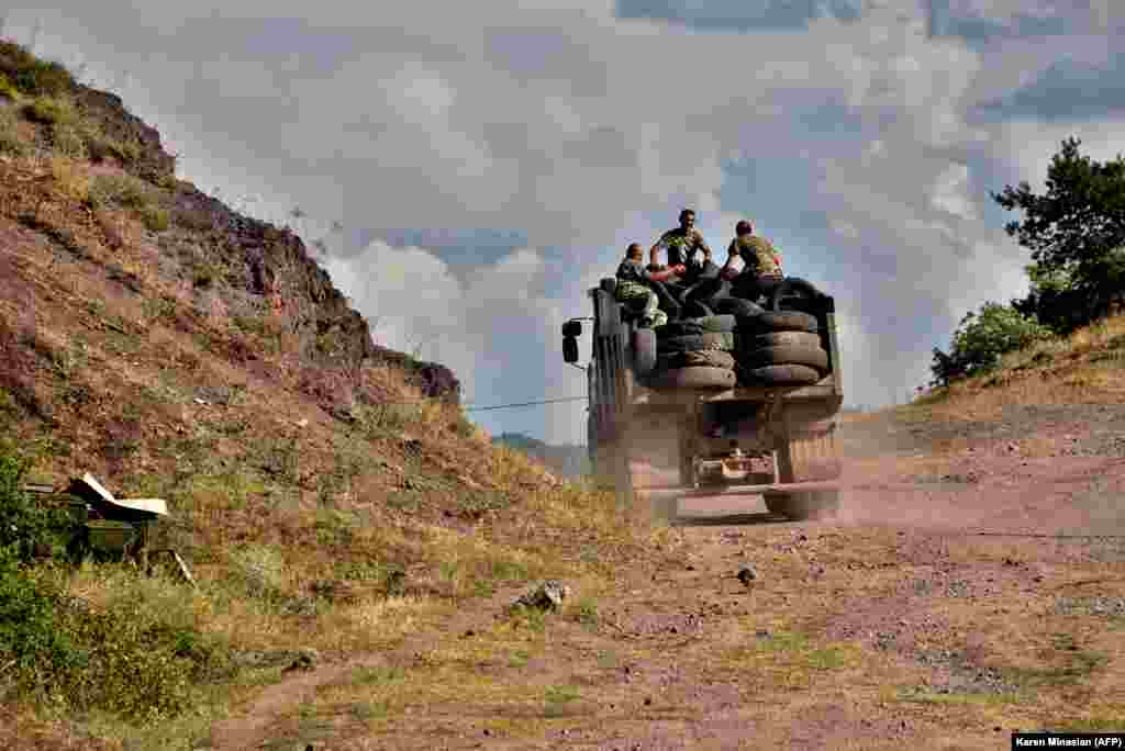Armenian troops transport used tires to fortify their positions near the village of Movses on July 15.