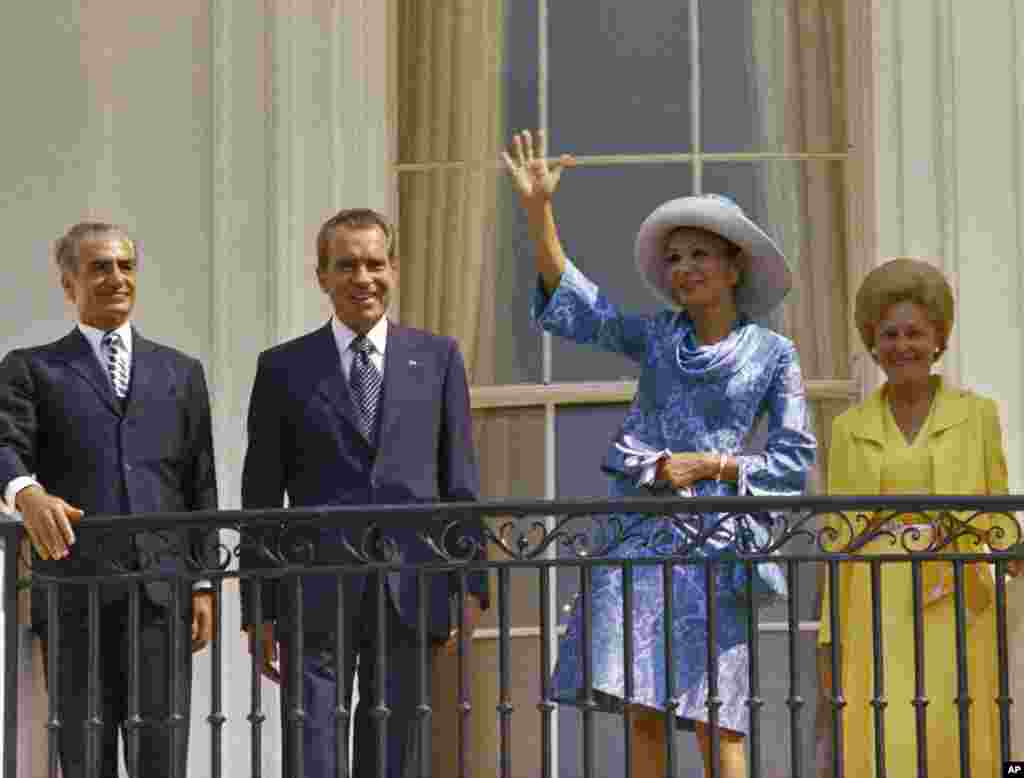 The shah and Empress Farah with President Richard M. Nixon and Mrs. Pat Nixon on a White House balcony in Washington, D.C. in July 1973. 