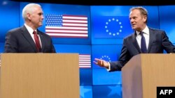 Вице-президент США Майк Пенс и президент Евросоюза Дональд Туск на совместной пресс-конференции 20 февраля 2017 года