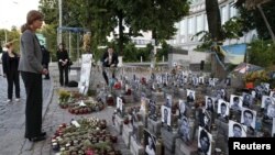 United States Ambassador to the United Nations Samantha Power visits a memorial in Kyiv to the so-called "Heavenly Hundred," who were killed during unrest in 2014 that eventually led to the ouster of former Ukrainian President Viktor Yanukovych.