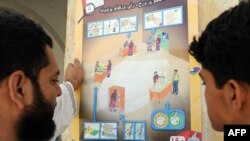 Afghan men look at a poster showing how to cast their votes in Kandahar
