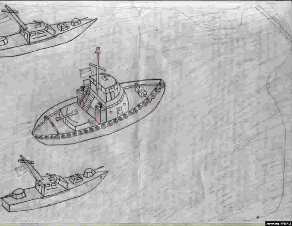 Захоплені, а пізніше повернуті катери «Бердянськ», «Нікополь» і буксир «Яни Капу». Малюнок одного з українських моряків
