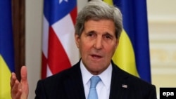 U.S. Secretary of State John Kerry speaks to the media following his meeting with Ukrainian President Petro Poroshenko in Kyiv.