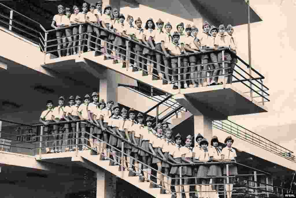 Young Pioneers line up for a group portrait. Because of the warm climate, Artek operated year-round. At its peak it hosted 27,000 children a year. 