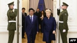 Премьер-министр Японии Синдзо Абэ и президент Литвы Даля Грибаускайте во время приема в Вильнюсе