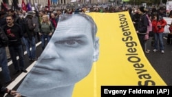 Баннер в поддержку Олега Сенцова на митинге 10 июня 2018 года в Москве