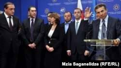 Georgia's Prime Minister-designate Bidzina Ivanishvili (far right) with some of the people he has chosen as cabinet ministers.