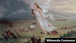 Джон Гаст "Дух фронтира". 1872. В центре – аллегорическая фигура Колумбии, которая до появления дяди Сэма олицетворяла Америку