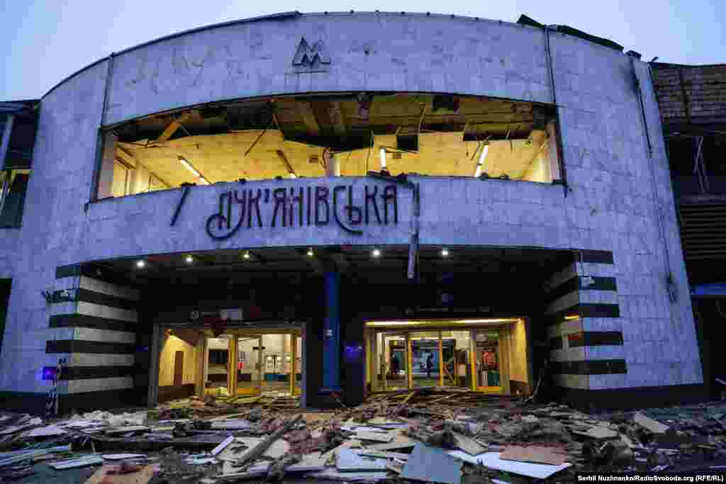 The entrance to Kyiv's Lukyanivska subway station damaged by a Russian attack on January 18,  2025. 