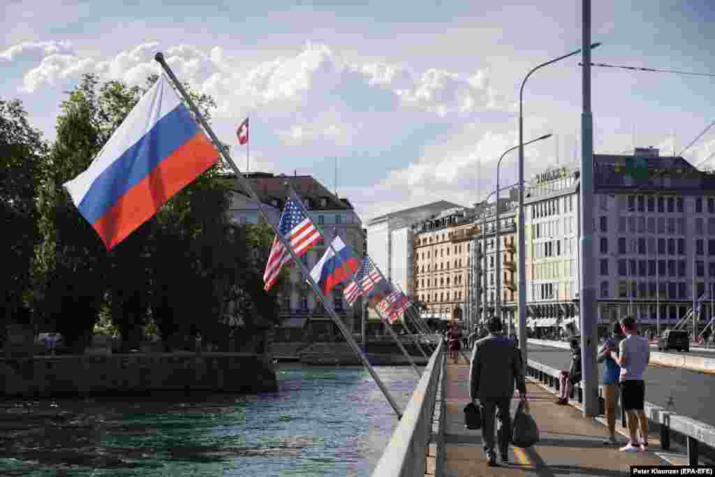 Russian and U.S. flags flutter on the Mont Blanc Bridge on June 15. 