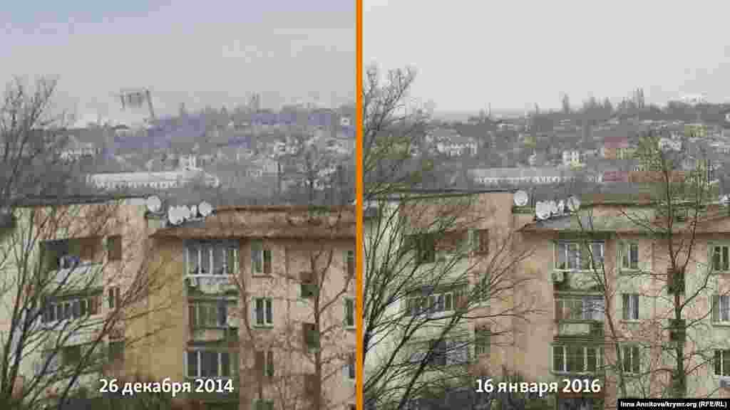 Фото сделано с одного ракурса 26 декабря 2014 (день взрыва) и 16 января 2016 года. 16-этажный дом был снесен взрывом со второго раза  