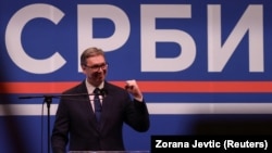 Predsednik Srbije Aleksandar Vučić na skupu pristalica svoje Srpske napredne stranke u Beogradu, 12. aprila 2025.