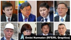Defendants in the the high-profile corruption trial: (top row, left to right) Aibek Kaliev, Jantoro Satybaldiev, Sapar Isakov, Osmonbek Artykbaev, (bottom row, left to right) Temirlan Brimkulov, Olga Lavrova, Joldoshbek Nazarov, Salaidin Avazov.