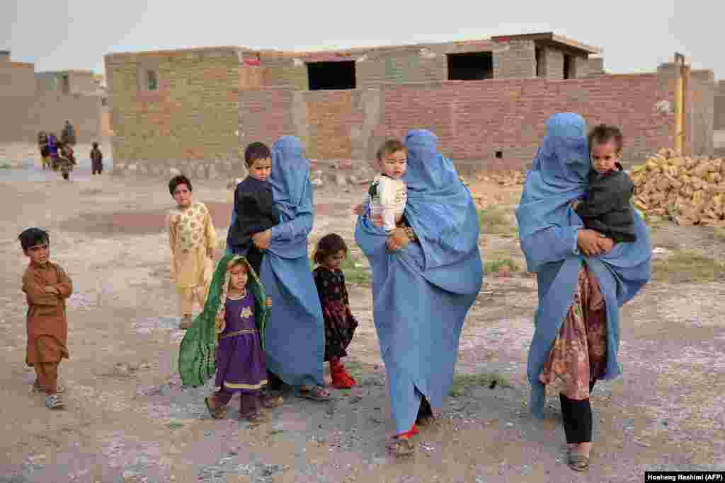 An internally displaced Afghan family who fled their home ahead of fighting between Taliban and Afghan security forces in the Enjil district of Herat on July 8. 