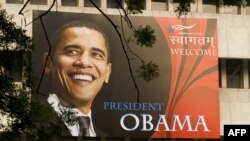 A billboard welcoming U.S. President Barack Obama at The American Center in New Delhi