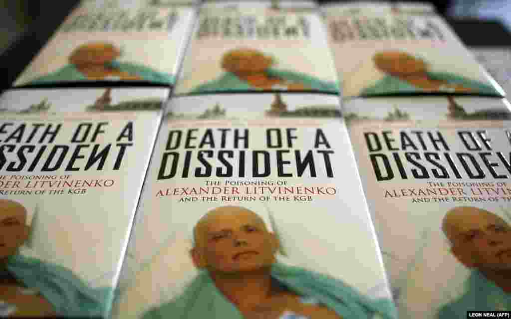 Copies of Death Of A Dissident by Alex Goldfarb and Marina Litvinenko are displayed at a press conference to launch the book at the Foreign Press Association in London on June 19, 2007. During the press conference, Litvinenko's widow spoke of her health concerns and the ongoing case to find the person who poisoned her husband. 