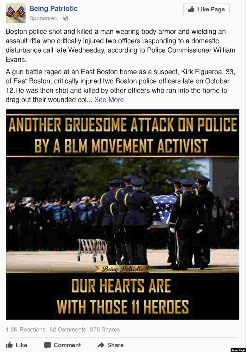 А эта реклама направлена на дискредитацию кампании Black Lives Matter против полицейского насилия. В ней утверждается, что активист BLM убил полицейского. "Еще одно отвратительное нападение", – гласит реклама. 