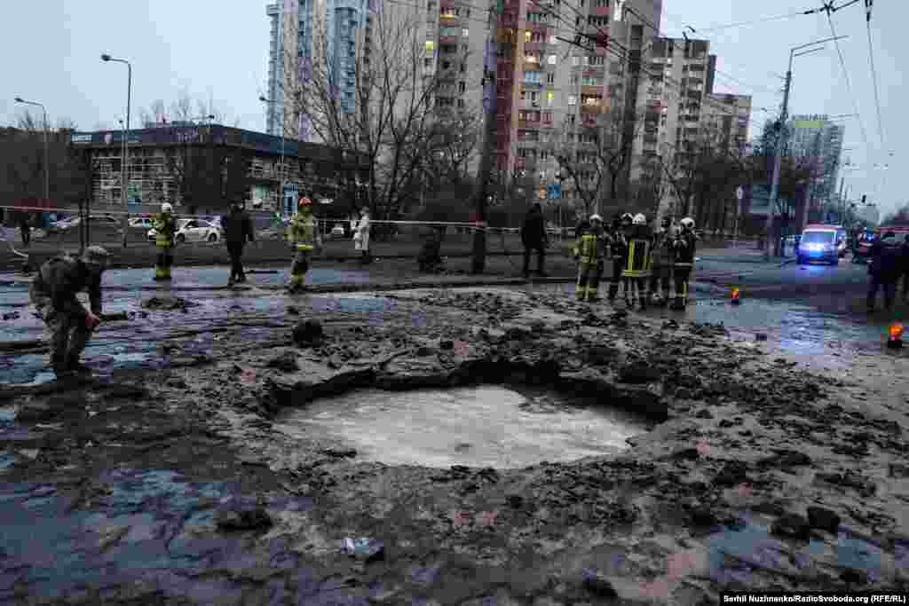 A crater at the site of the Russian attack near the Lukyanivska subway station in Kyiv on January 18, 2025. 