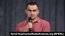 Oleh Sentsov talks to journalists in Kyiv on September 10.