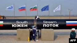 Workers weld pipes during the symbolic start of the construction of the Bulgarian section of Russian gas giant Gazprom's South Stream pipeline near the village of Rasovo in October 2013.