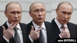 A combination photo showing Russian President Vladimir Putin gesturing as he speaks during a meeting with journalists after a live broadcast nationwide call-in in Moscow on April 14.