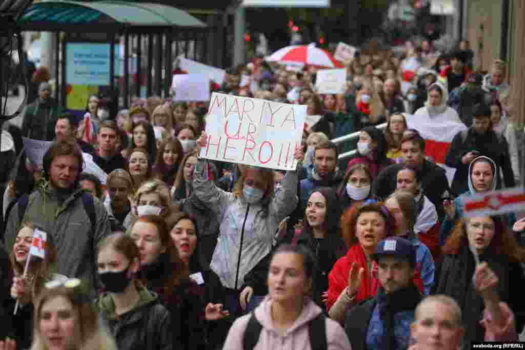 Protestors march through the Belarusian capital on September 8. 