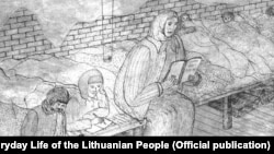 Иллюстрация Гинтаутаса Мартинайтиса "Урок литовского в бараке"
