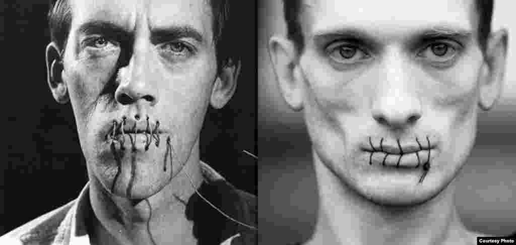 WIth U.S. artist David Woinarowicz (left), Pavlensky sews his lips shut as part of another protest in support of Pussy Riot.