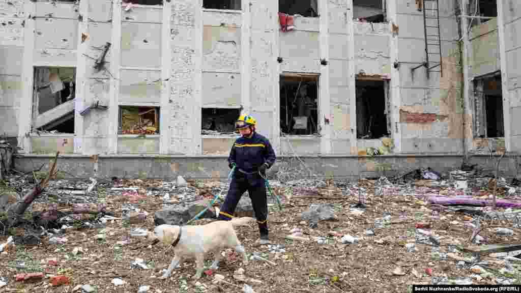 Рятувальники із собаками шукають людей під завалами будівлі. За останніми даними, тривають пошуки ще кількох людей, із якими немає зв'язку