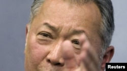 Former Kyrgyz President Kurmanbek Bakiev at a news conference in Minsk in June 2010.