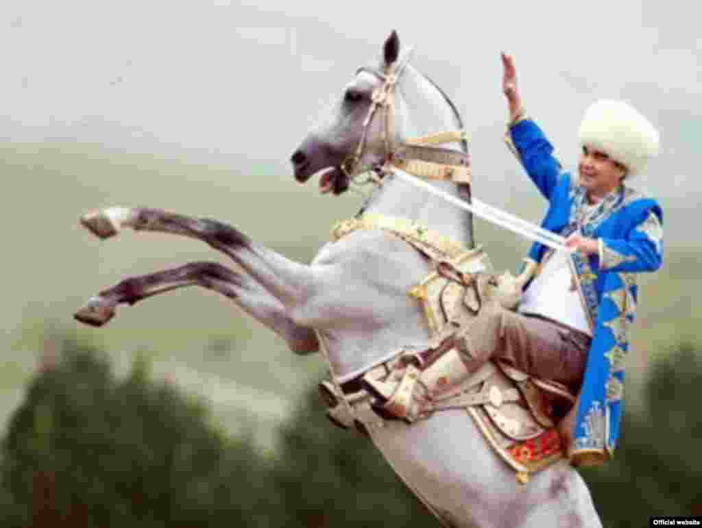 No Turkmen presidency is complete without a photo on a horse. Here, Berdymukhammedov is pictured astride a white Akhal-teke stallion. Other equestrian portraits up the ante by adding a white dove landing on the president's shoulder.